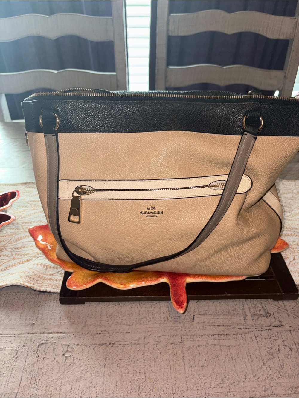 Coach Beige and Black Pebbled Leather Tote with Front Zip Pocket